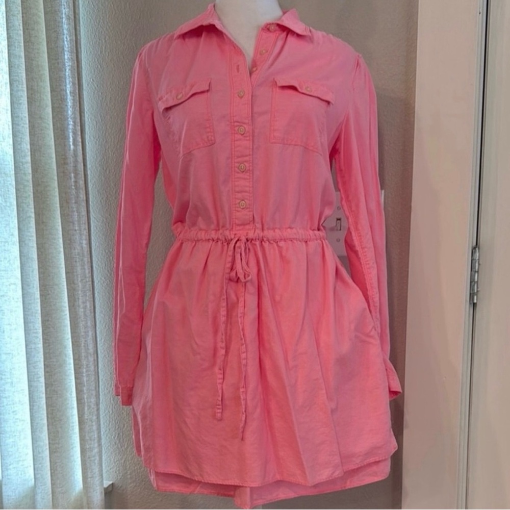 Gap Bright Neon Pink Shirt Dress Small Cinched Waist Button Front LIKE NEW